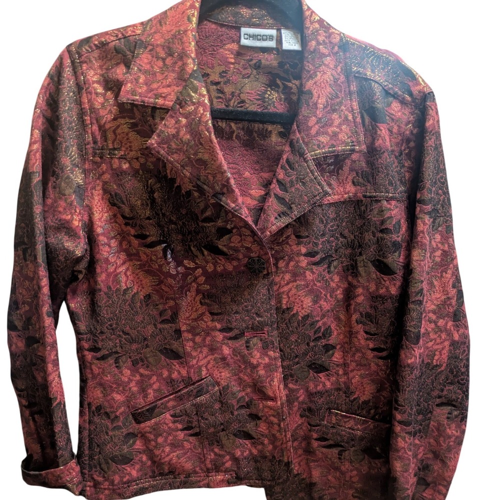 Chicos Womens Size 2 Burgundy Gold Metallic Floral Brocade Blazer Jacket Evening - Picture 2 of 8